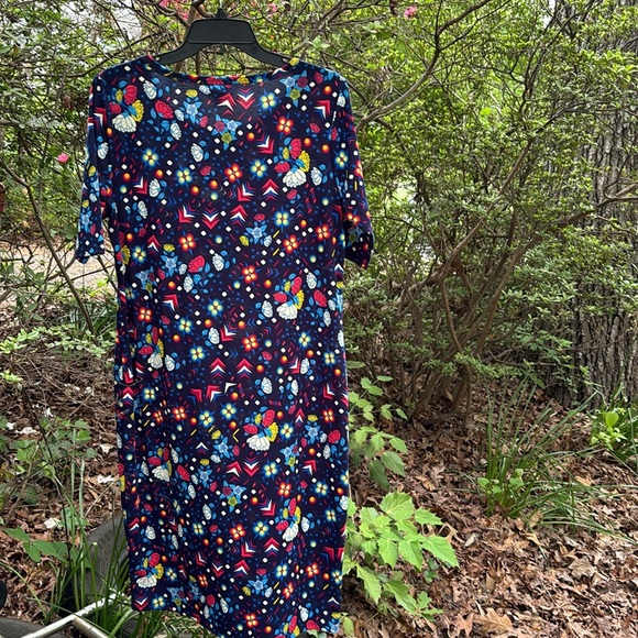 LuLaRoe Floral Blue SS Midi Dress Geometric Designs Triangles Circles Flowers XL - Picture 7 of 12